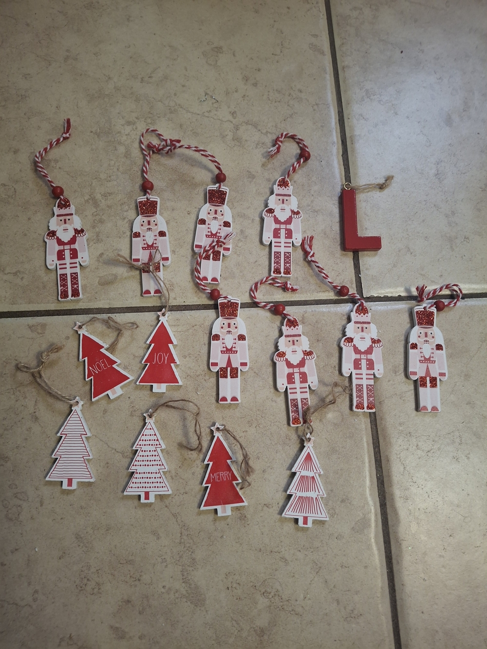 Red & White Wooden Holiday Ornaments - Nutcracker and Tree Set